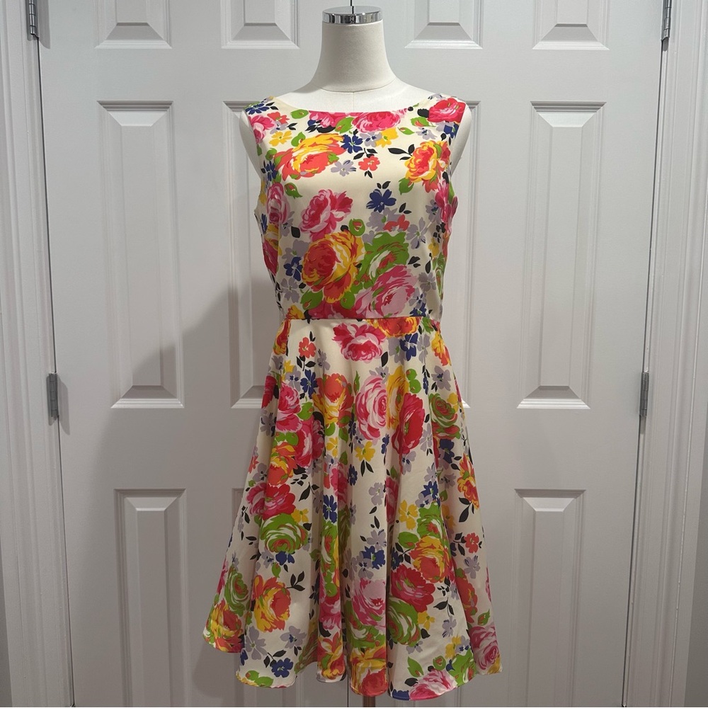 Betsey Johnson Roses Pink Red A-Line Floral Fit Flare Sleeveless Sundress Size 8